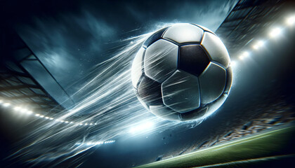 dynamic soccer ball flies towards the goal in the stadium, Generative Ai