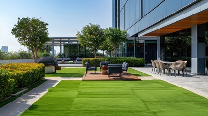 An outdoor lawn area within the company office complex.