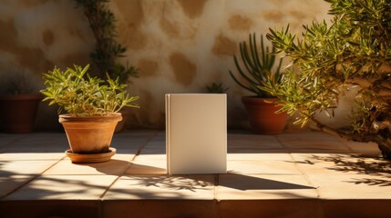 Blank book mockup with plant on wooden table