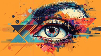 eye art design, a vibrant and modern abstract eye design featuring geometric shapes and patterns in a colorful and eye-catching illustration