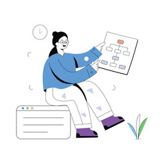 Flat vector Illustration of a girl representing workflow, flat illustration, vector illustration, workflow, workflow illustration, modern workflow, workload illustration