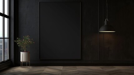 Empty black poster on black wall in dark room with wooden floor and window. Mock up,