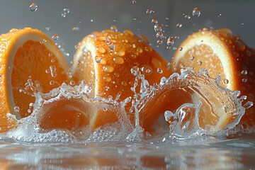 Dynamic image depicting halved oranges with splashing water droplets against a clear backdrop - Powered by Adobe