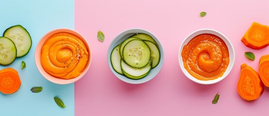 Flat lay composition with baby food and vegetables on a pastel background, in a top view.