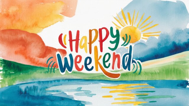 A watercolor illustration titled "Happy Weekend." The artwork portrays an abstract landscape with warm and cool colors. The vibrant palette is reminiscent of a sunrise or sunset. 