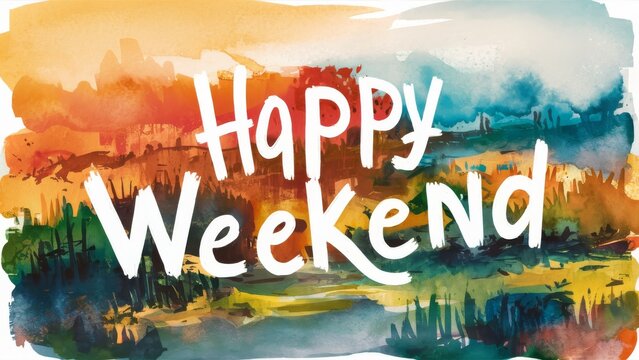 A watercolor illustration titled "Happy Weekend." The artwork portrays an abstract landscape with warm and cool colors. The vibrant palette is reminiscent of a sunrise or sunset. 
