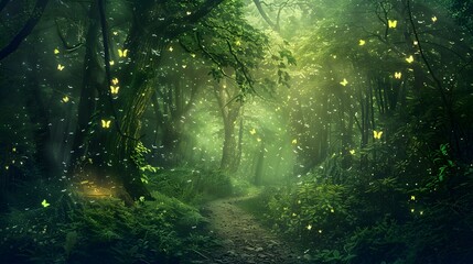 Captivating Magical Forest with Sunny Foggy View and Floating Particles – Stock Photography for Ethereal Landscapes, Fantasy Themes, and Enchanting Outdoor Scenes