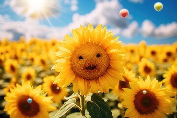 Smiling sunflower in field of sunflowers