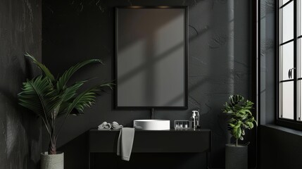 Black bathroom interior with black walls, concrete floor, round mirror and round sink with mirror.