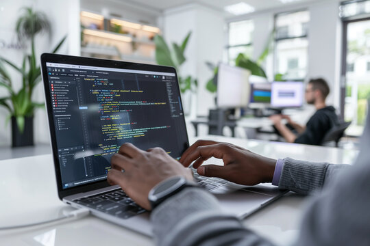 Programmer developing homepage design for website and coding, working on laptop in a sleek white software company office as a background