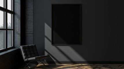 Interior of modern living room with black walls, wooden floor, comfortable black armchair standing near window and plant. Mock up poster frame.