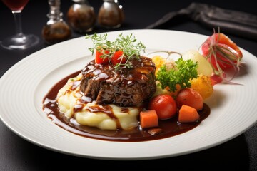 Delicious braised beef dish with mashed potatoes and vegetables