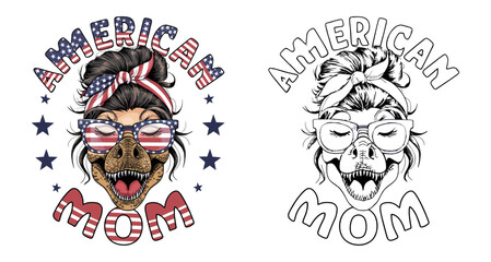 2024 4th of july independence day mother vector design, messy bun hair mama illustrastion,  american mom