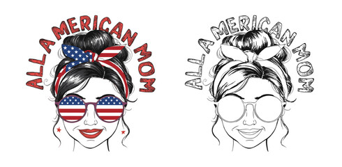2024 4th of july independence day mother vector design, messy bun hair mama illustrastion,  all american mom