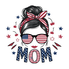 2024 4th of july independence day mother vector design, messy bun hair mama illustrastion,  mom