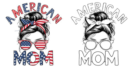 2024 4th of july independence day mother vector design, messy bun hair mama illustrastion,  american mom