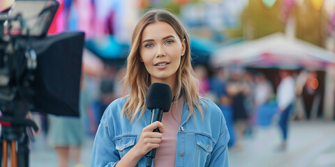 woman holding mic looking at the camera. Female TV news reporter in live broadcasting presenting the news outdoors. Live streaming concept in the journalism industry