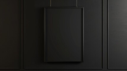 Black frame mockup hanging on black wall.
