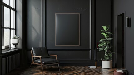 Interior of modern living room with black walls, wooden floor, black armchair and vertical mock up poster.