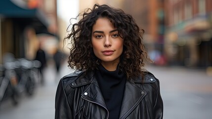 Fototapeta premium Stylish woman with curly hair in city