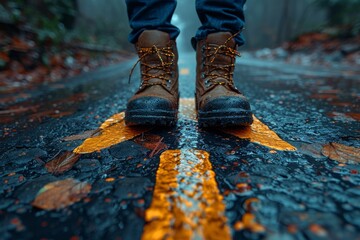 Close-up of someone's feet wearing brown boots, standing on a rainy asphalt road with vibrant yellow road markings