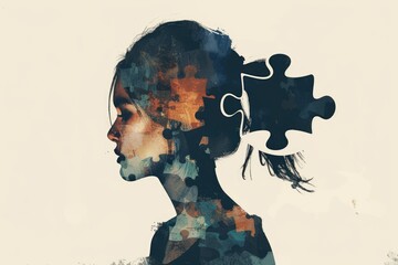 Silhouette of beautiful woman standing side view with jigsaw. Abstract close up portrait of attractive female with double exposure of jigsaw puzzle represented feminist, mystery, imperfect. AIG42.