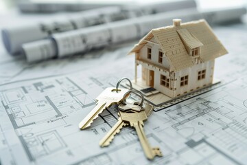House model and keys on top of architectural blueprints, real estate concept, copy space banner with room in the style of architectural blueprints.