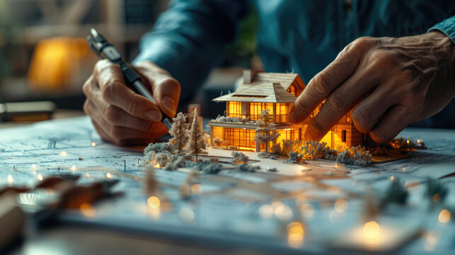 Professional architect cooperate with engineer discussing the use of green design in eco house project on table with blueprint and architectural equipment scatter around - Powered by Adobe