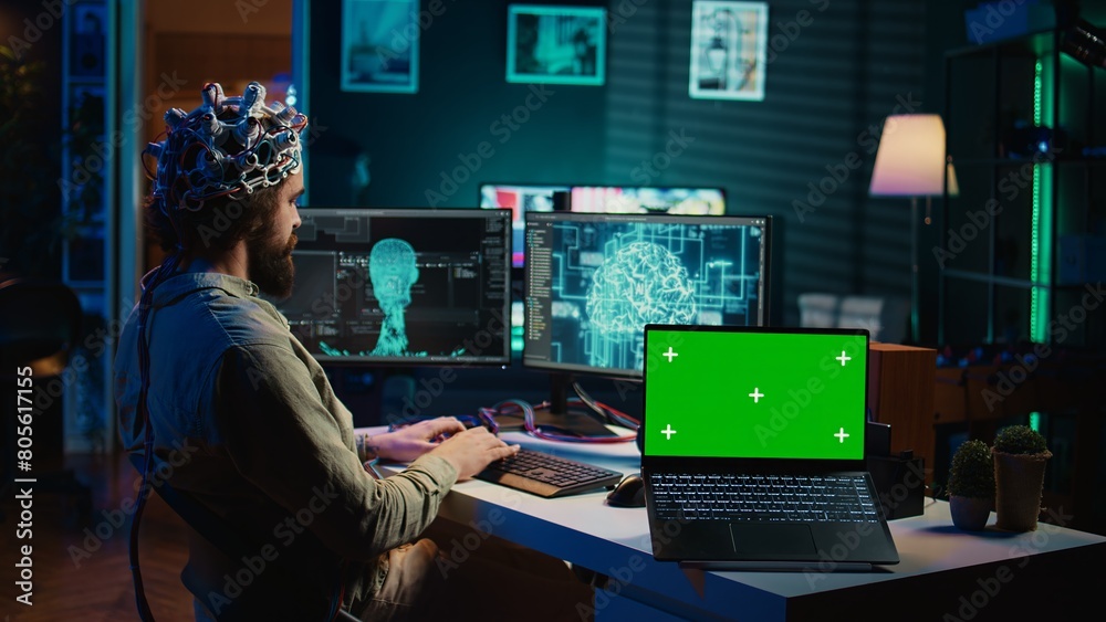 Poster engineer with eeg headset on programming brain transfer into computer virtual world next to green sc