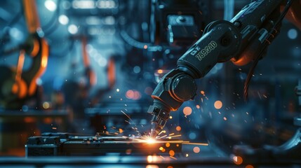 industrial robot arm in action with sparks, factory background, photo realistic.