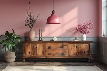 An old-fashioned interior setting featuring an antique sideboard and a modern lamp with vibrant pink flowers
