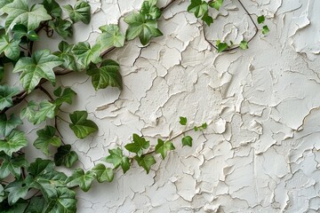 An image showing a contrast between nature and man-made structures with ivy leaves creeping over a textured, cracked white wall Green ivy leaves symbolize growth as they reclaim the aging wall