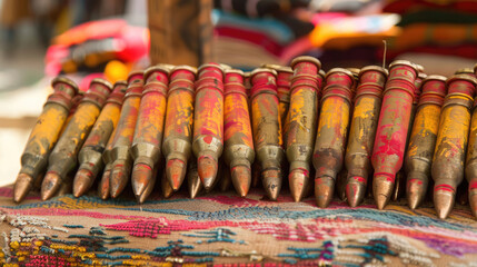 Raiders with weapons and ammunition. Close-up bullets