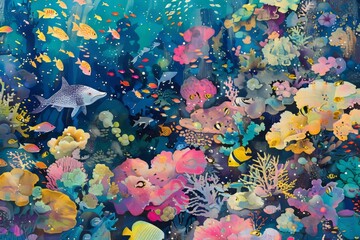 A colorful coral reef teeming with tropical fish and sea creatures, storybook illustration --ar 3:2 --v 6 Job ID: 415353b1-3619-4f8b-b5f3-4327d114cd9c
