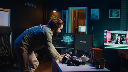 Computer scientist using VR technology to make AI become sentient, happily celebrating after it...