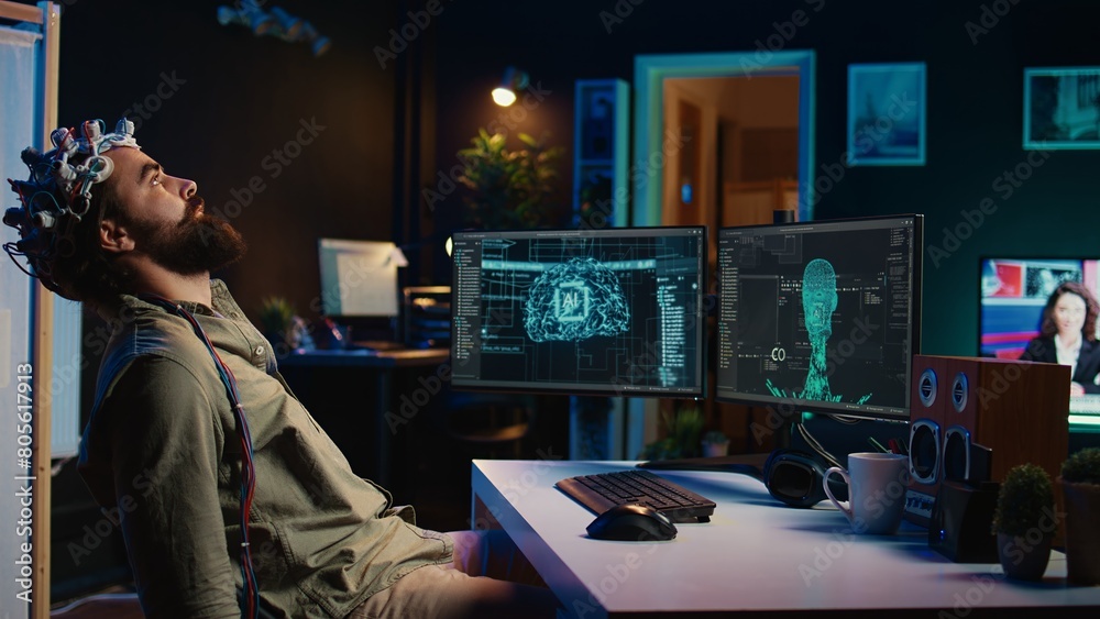 Poster programmer using eeg headset to upload his mind into computer, attaining immortality. neuroscientist