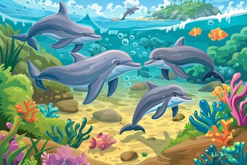 A group of playful dolphins can be seen swimming gracefully in the crystal-clear waters of the ocean. Their sleek bodies move effortlessly through the water as they play and interact with each other