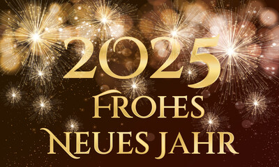 Karte oder Banner, um ein frohes neues Jahr 2025 in Gold auf einem braun-schwarzen Hintergrund mit Farbverlauf und goldenem Feuerwerk zu wünschen