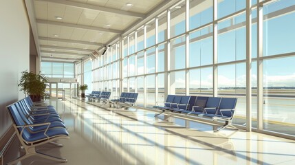 Interior of an airport waiting area with large windows overlooking the runway and blue chairs for passengers in bright daylight.