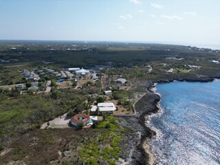 Aerial view of Bodden Town Pedro St James Savannah with iron shore community pristine blue turquoise water of the Caribbean sea ocean, Grand Cayman, Cayman Islands