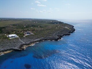 Aerial view of Bodden Town Pedro St James Savannah with iron shore community pristine blue turquoise water of the Caribbean sea ocean, Grand Cayman, Cayman Islands