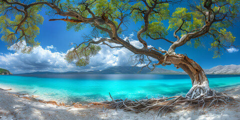 A tree is growing near the ocean, with the water being a deep blue color