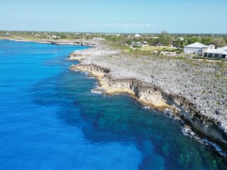 Aerial view of Bodden Town Pedro St James Savannah with iron shore community pristine blue turquoise water of the Caribbean sea ocean, Grand Cayman, Cayman Islands