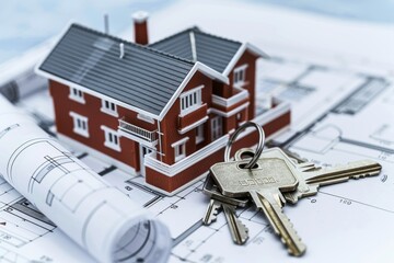 House model and keys on top of architectural blueprints, real estate concept, copy space banner with room in the style of architectural blueprints.