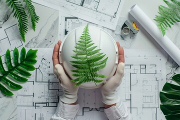 Top view of an engineer holding a white helmet with a green fern leaf on a blueprint construction plan against a background of a sustainable building concept. - Powered by Adobe
