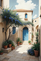 Naklejka premium A Mediterranean-style courtyard with a tiled roof , arched doorways , potted plants , and a blue door 