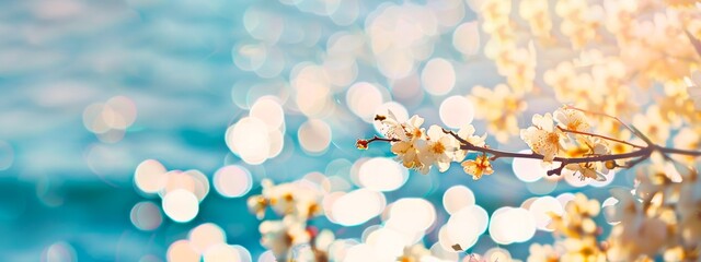 Blossoming white flowers against a bokeh ocean background. Delicate blooms with soft sunlight and sparkling sea reflections. Concept of spring, freshness, and serene nature. Banner. Copy space