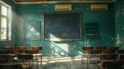 back to school vibes with empty classroom featuring vintage wooden chairs and school board with a nostalgic tone