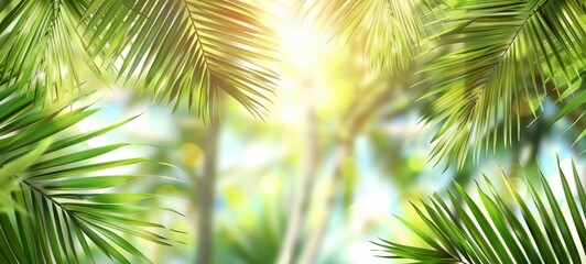 Obraz premium Bright summer tropical backdrop with green pastel palm leaves and bokeh effects. Trendy botanical wallpaper with soft colors. Wide banner. Copy space. Mockup for design. Sunny