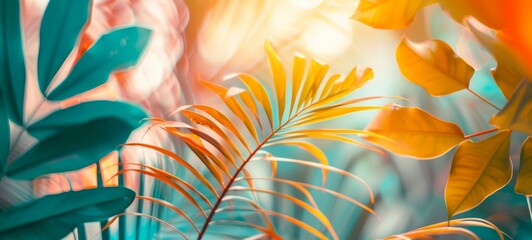 Bright summer tropical background with colorful palm leaves and bokeh effect. Trendy botanical wallpaper with soft colors. Festive mood. Summer vibes. Banner. Copy space. Mockup for design